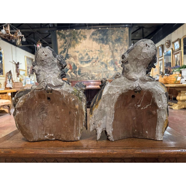 Pair of 18th Century French Carved Polychrome Male & Female Bust Wall Sculptures For Sale - Image 10 of 13