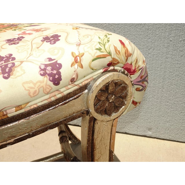 Wood Vintage French Country Floral Vanity Bench W Silver Gilt Base #1 For Sale - Image 7 of 12