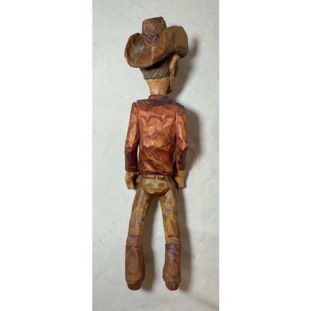 Brown 1980s Exquisite Signed Hand Carved Wood Folk Art Man Cowboy Sculpture Statue Figure For Sale - Image 8 of 13