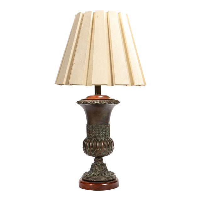 Mid 20th Century Bronze Urn Turned Vase Lamp With Wood Trim and Linen Shade For Sale