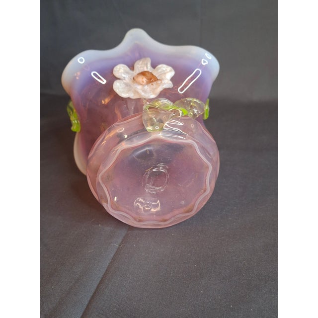 Antique Stevens & Williams Art Glass Basket - Pink Opalescent Cased Glass - Applied Flower & Stem - Uranium Vaseline Glass Handle - Circa 1880s For Sale - Image 12 of 18