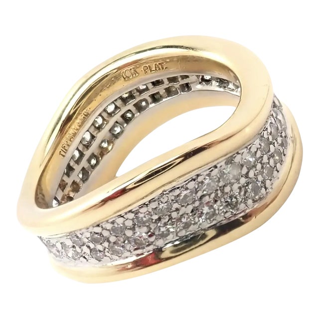 Tiffany & Co. 18k Yellow Gold Platinum Diamond Wave Band Ring, size 5.75 For Sale
