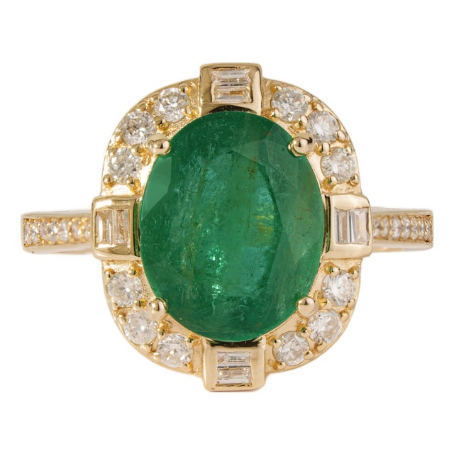 Mid 1920s Style 3.27Carats Oval Emerald Diamond 14k Gold Art Deco Ring Size 4 For Sale
