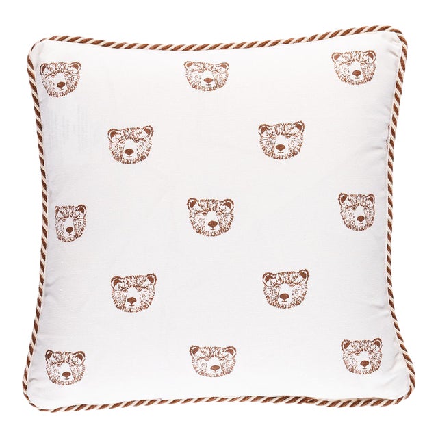 Schumacher x Marie-Chantal Bear Print 14" Pillow in Ivory For Sale