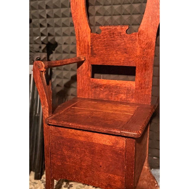 Mid-Century Modern Antique Quarter-Sawn Oak Hall Tree With Mirror, Brass Hooks & Storage Bench For Sale - Image 3 of 9