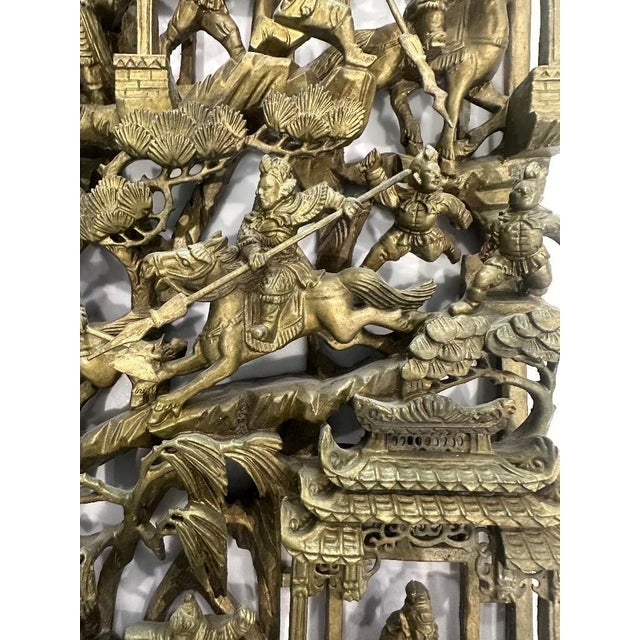 Wood Antique Chinese Hand-Carved Wood Wall Panel – Battle Scene Relief, Gilt Finish For Sale - Image 7 of 15
