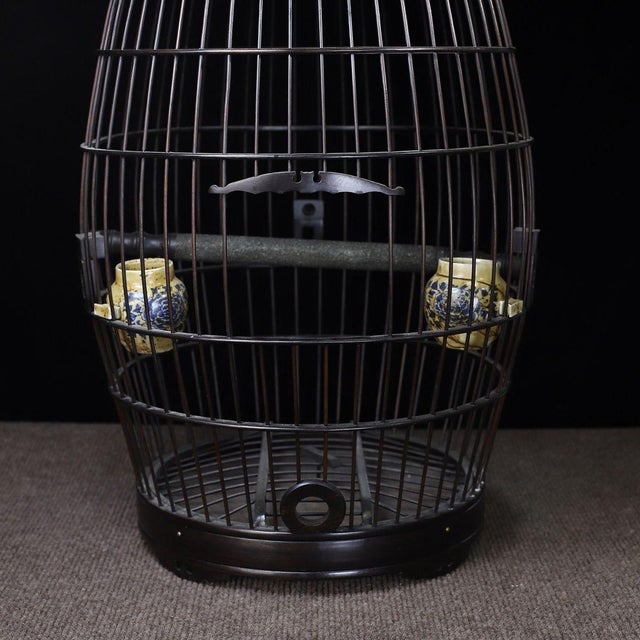 Black Vintage Hardwood Birdcage With Mother-of-Pearl Inlay and Porcelain Cups For Sale - Image 8 of 9