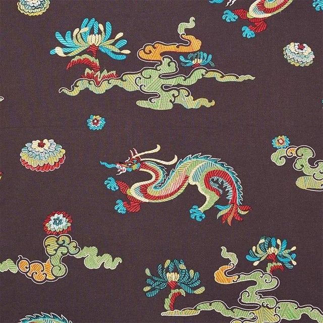 Schumacher Hanlun Dragon Embroidery Fabric in Charcoal For Sale