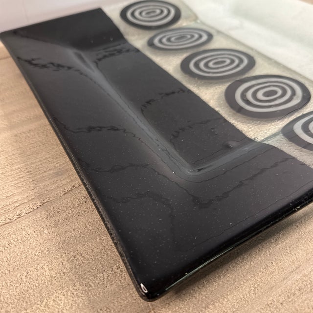 Vintage-Style Black & White Fused Art Glass Square Platter With Concentric Oval “Target” Motif | 13” For Sale - Image 4 of 8