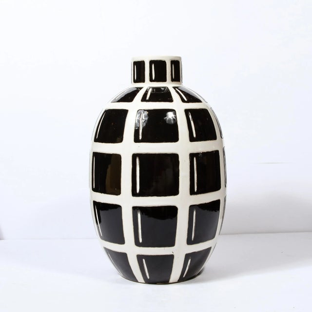 Mid-Century Modern Mid-Century Modern Black & White Ceramic Elliptical Grid Form "Grenade" Vase For Sale - Image 3 of 11