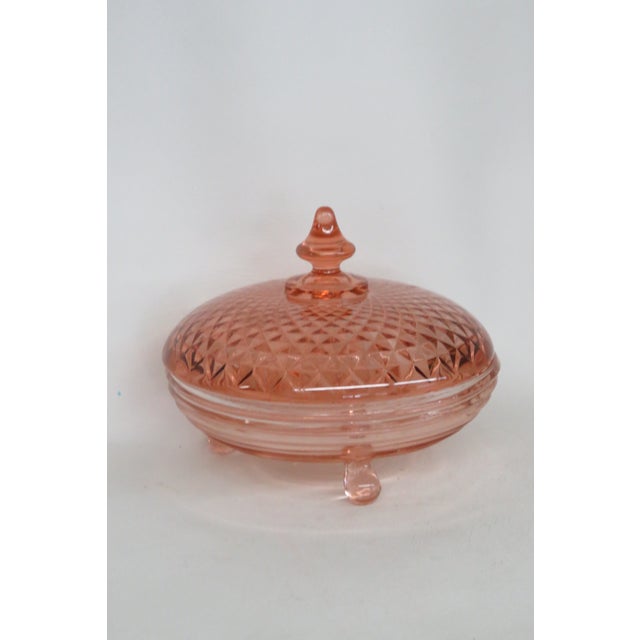 Art Deco Pink Depression Glass 3 Footed Candy Dish With Diamond Quilt Pattern Lid 4757b For Sale - Image 3 of 14
