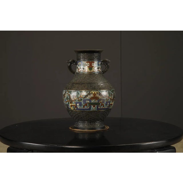 Japanese Cloisonné Bronze Vase With Archaistic Bird Handles, C 1920 to 1940s For Sale - Image 9 of 14