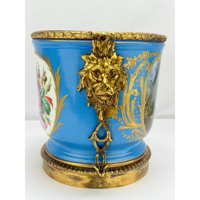 Bronze 19th C. French Sevres-Style Porcelain Cachepot With Gilt Bronze Lion Mounts For Sale - Image 8 of 10