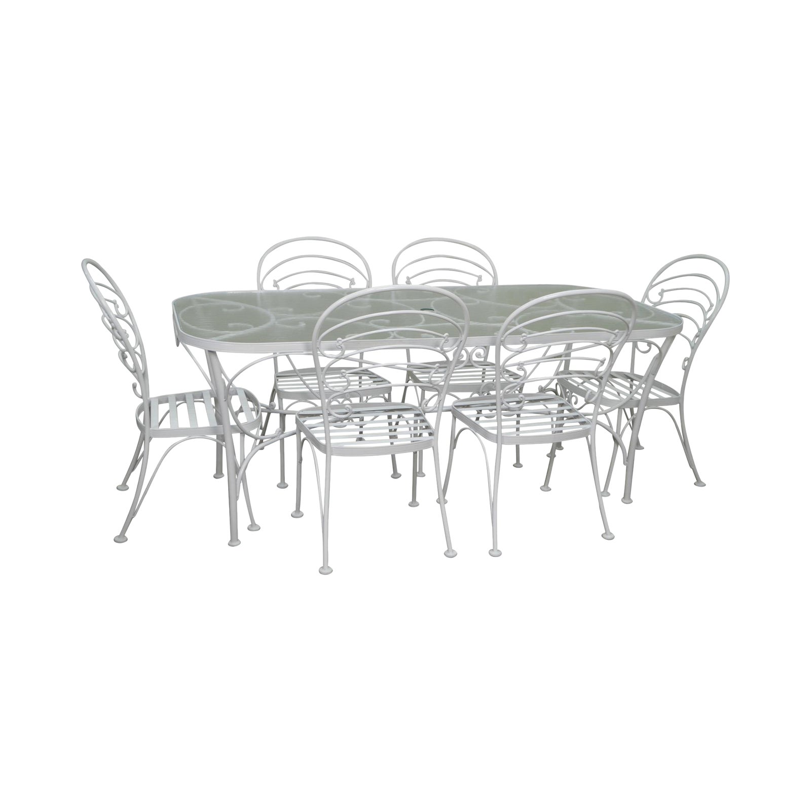 Woodard White Painted Oval Glass Top Patio Dining Table & 6 Chair Set