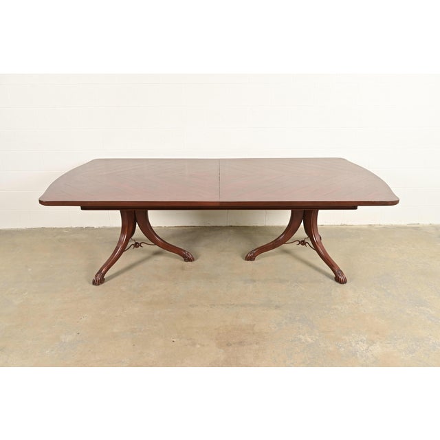 Italian Provincial Carved Cherry Wood and Inlaid Brass Double Pedestal Extension Dining Table by Emanuel Morez For Sale - Image 13 of 13