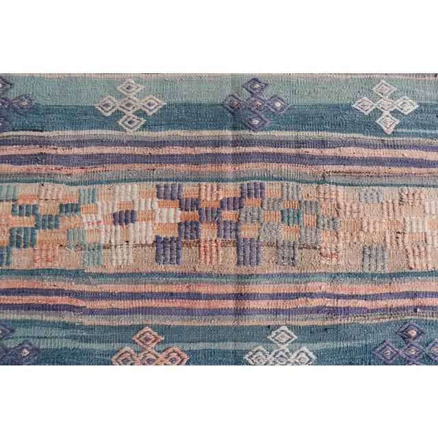 Light Green Mid 20th Century Stripe Design Turkish Vintage Flat-Weave Rug in Light Green Purple and Peach For Sale - Image 8 of 10