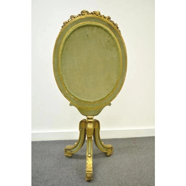 Wood Antique French Louis XVI XV Carved Giltwood Green & Gold Oval Fireplace Screen For Sale - Image 7 of 10