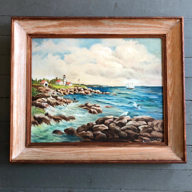 Vintage 1950’s Modernist Original Maine Coastal Painting Signed Lighthouse/Sailboat/Fisherman/Seagulls For Sale In Philadelphia - Image 6 of 6