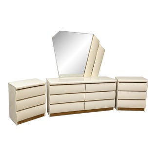 Millennium Cream Postmodern Dresser and Two Nightstands With Asymmetrical Mirror For Sale
