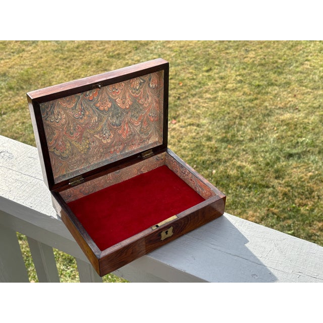 Brass 19th C. English Walnut Box With Brass Inlay and Fine Paper Lining For Sale - Image 8 of 10