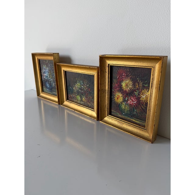Mid-Century Modern 1980’s Vintage Still Life Oil on Masonite Paintings, Framed Set of 3 For Sale - Image 3 of 12