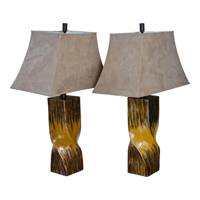 Mid-Century Modern Style Twisted Wood Look Table Lamps With Suede Lamp Shades - a Pair For Sale