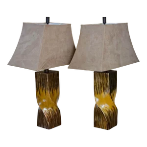 Mid-Century Modern Style Twisted Wood Look Table Lamps With Suede Lamp Shades - a Pair