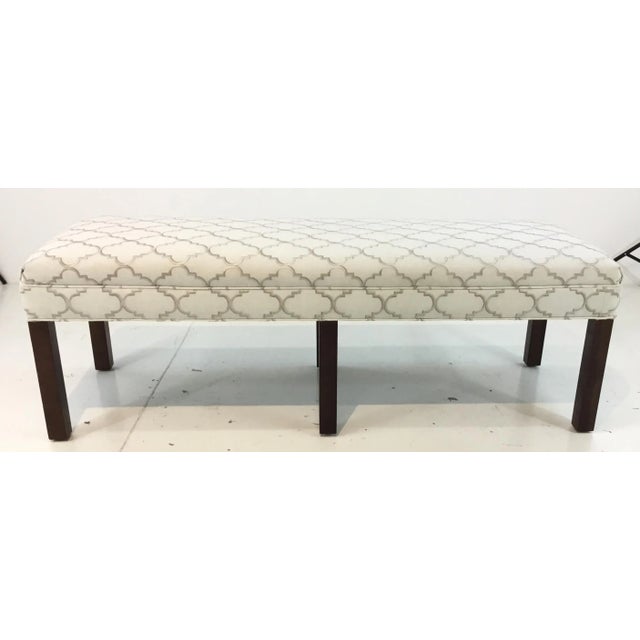 Stylish custom modern white and gray Ogee print long bench, dark wood legs, showroom floor sample