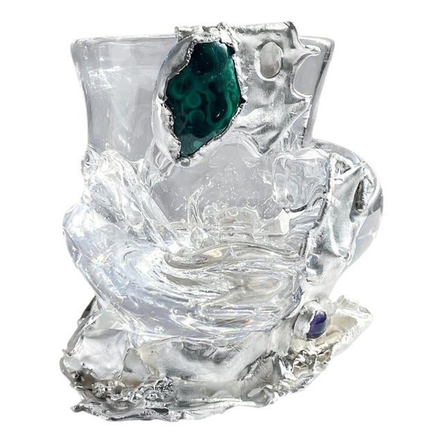 Bowl #11 in Crystal and Silver with Gemstones by Szkło Studio For Sale