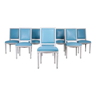 French Louis XVI Style Painted Square Back Dining Chairs W/ New Blue Lamb Leather - Set of 8 For Sale