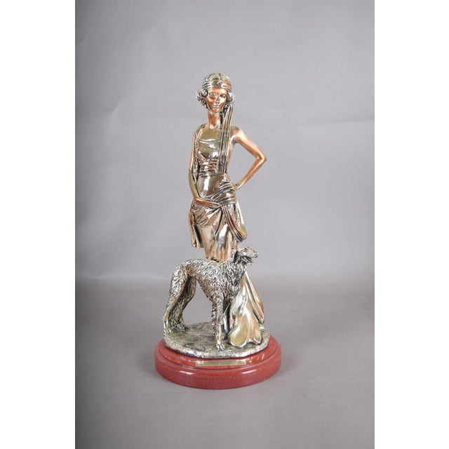 Art Deco 1920s Silver-Plated Art Deco Style Sculpture, Lady With Borzoi Dog For Sale - Image 3 of 8