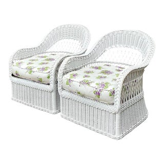 Vintage Lexington Braided White Rattan Lounge Chairs - A Pair For Sale