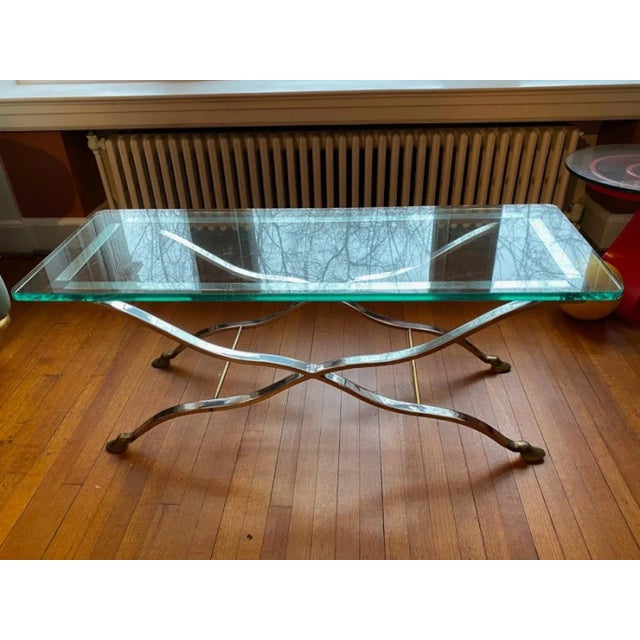 Beautiful Modernistic And Elegant X Base Nickeled Metal Coffee Table With Brass Cross Stretchers And Detailed Brass Hoof...