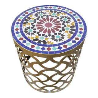 18" Settachia Beldia Style Mosaic Table With Gold Finish Base For Sale