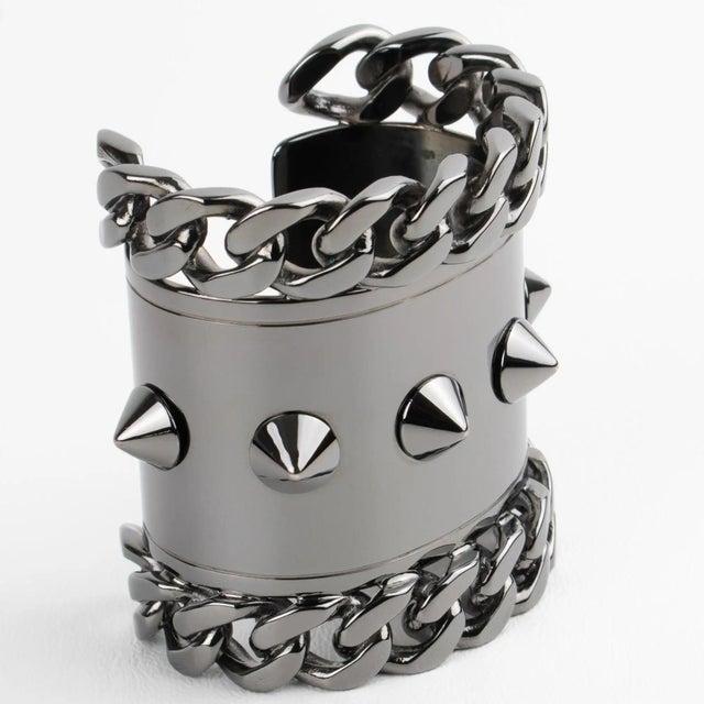 Givenchy Paris High-Gloss Gunmetal Chains and Studs Cuff Bracelet For Sale - Image 10 of 16