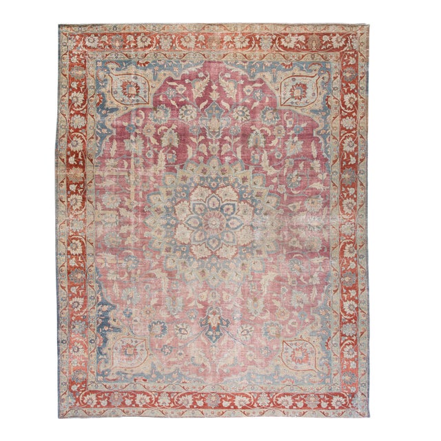 Antique Persian Tabriz Red and Blue Handmade Medallion Floral Wool Rug For Sale