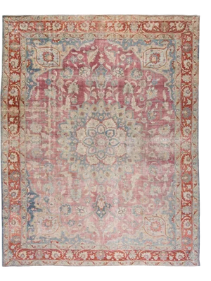 Antique Persian Tabriz Red and Blue Handmade Medallion Floral Wool Rug