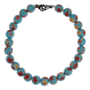 Ajd 16" Blue Chinese Polymer Bead Necklace W/Mauve and Tan Flowers