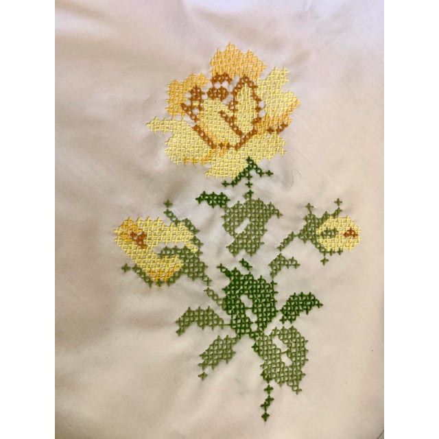 Arts & Crafts Vintage 1970’s Handmade Cross Stitch Floral Embroidered Tablecloth For Sale - Image 3 of 12