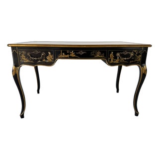 Vintage Baker Furniture Chinoiserie Desk Table With Leather on Top & Brass Handles For Sale