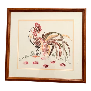 Vintage Needlepoint 1960s Boho Shabby Chic Hand Embroidered Rooster in Frame