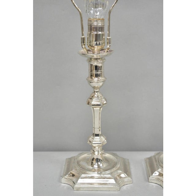 Antique English Regency Silver Plated Footed Candlestick Table Lamps - A Pair For Sale - Image 4 of 16