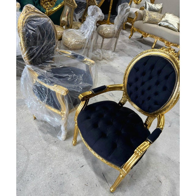 Baroque Black Velvet Accent Chair With Luxurious Gold Leaf Details For Sale In Miami - Image 6 of 8