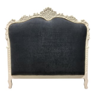 20th Century Louis XV Queen Size Velvet Gray Headboard For Sale