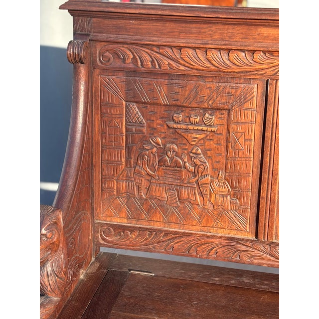 Wood Mid 19th Century Victorian Oak Monk's Bench or Settle With Carved Lion Arms and a Hinged Seat For Sale - Image 7 of 9