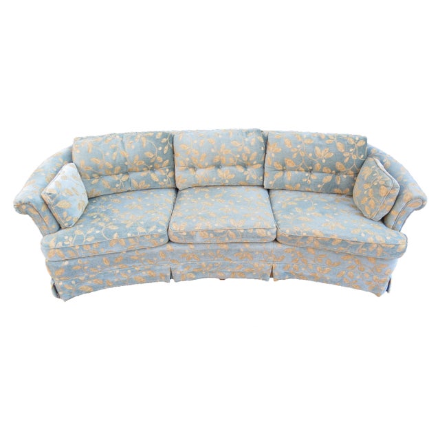 Vintage Curved Sofa in Powder Blue Fabric With Gold Stitched Foliage