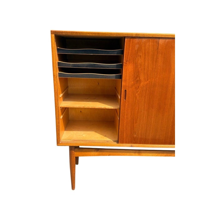 1960s Danish Modern Teak & White Oak Highboard | Three Sliding Doors | C. 1960s For Sale - Image 5 of 9