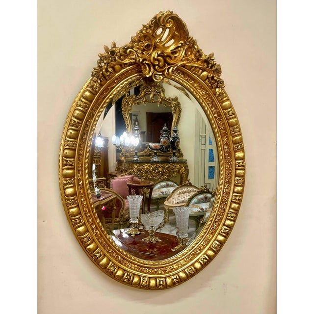Oval Wall Mirror With Floral Center Detail & Gold Leaf Frame For Sale - Image 4 of 4