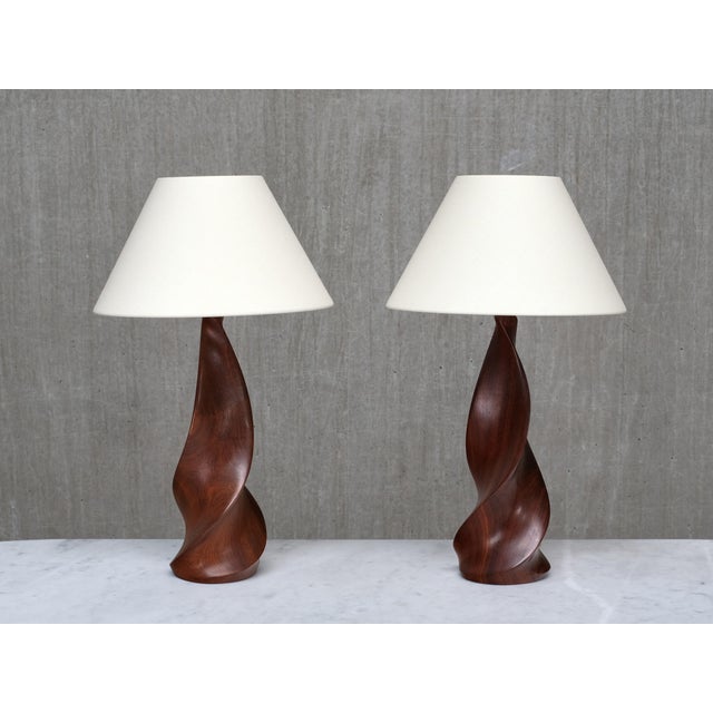 Sculptural Table Lamps in Mahogany by Claude Chauvy, France, 1950s, Set of 2 For Sale - Image 14 of 17