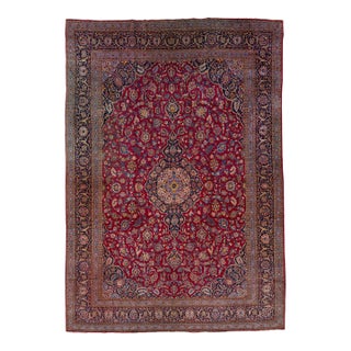 1920s Oversize Antique Persian Kashan Red Wool Rug With Medallion Motif For Sale